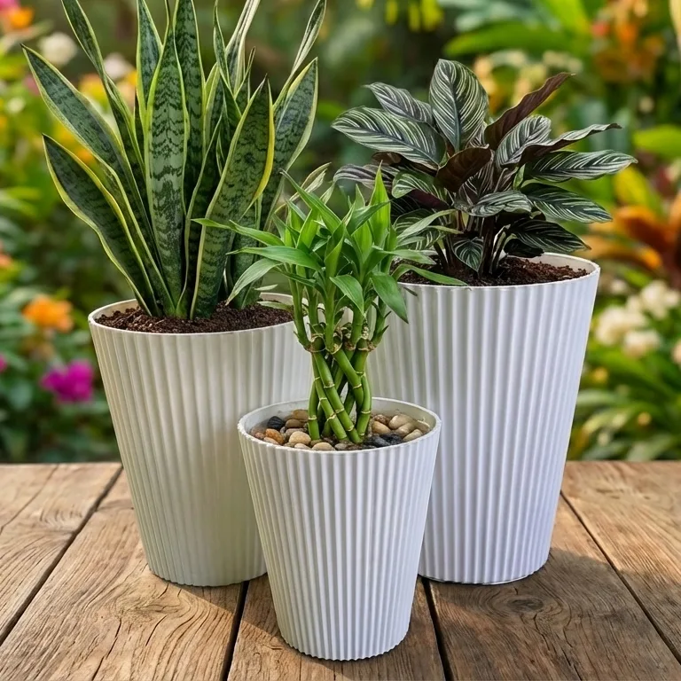 Chậu gân sọc tròn cao - Chậu nhựa dáng cao Mgarden